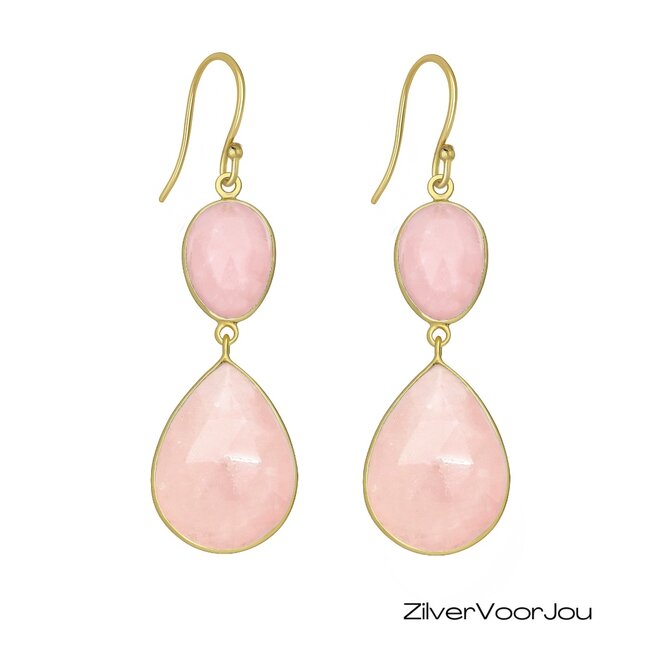 Elegante 925 zilveren gold plated oorhangers met rozenkwarts