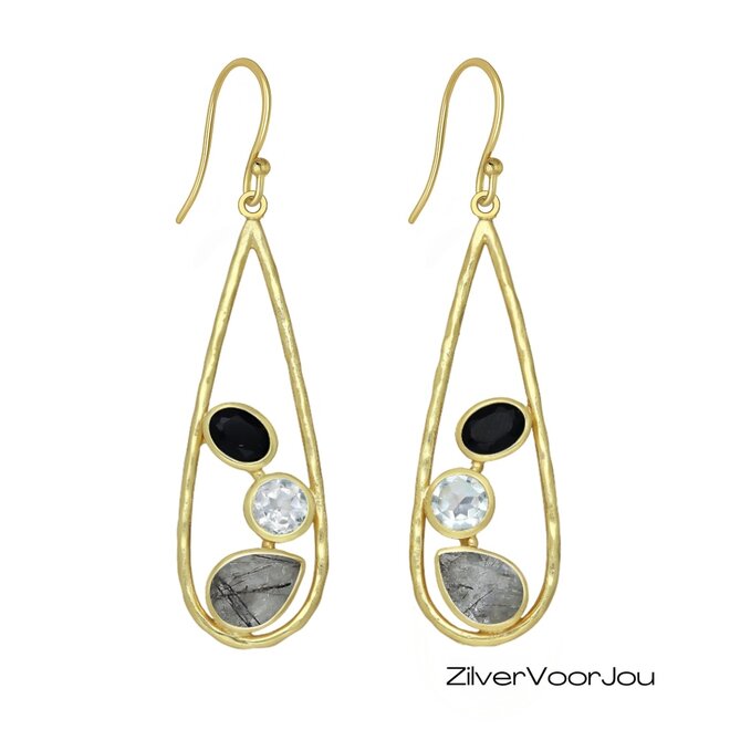 Elegante 925 zilveren gold plated oorhangers met onyx, heldere kwarts en zwarte rutielkwarts