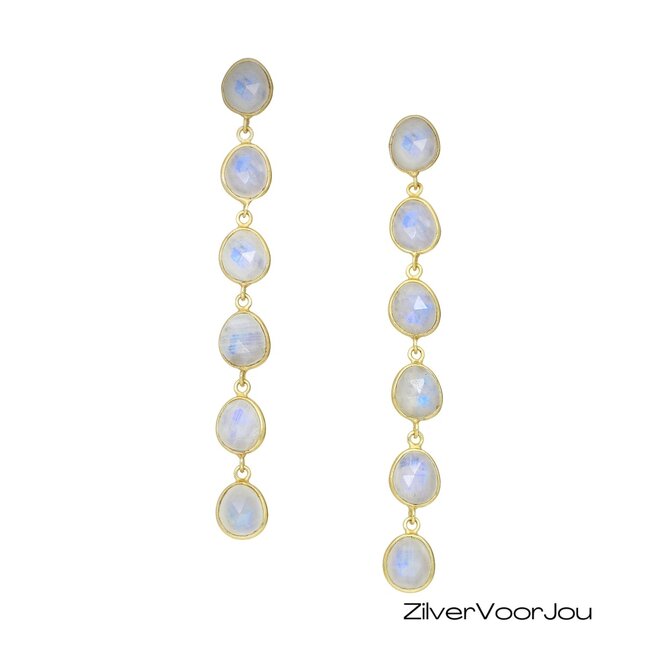 Elegante 925 zilveren gold plated oorhangers met regenboogmaansteen