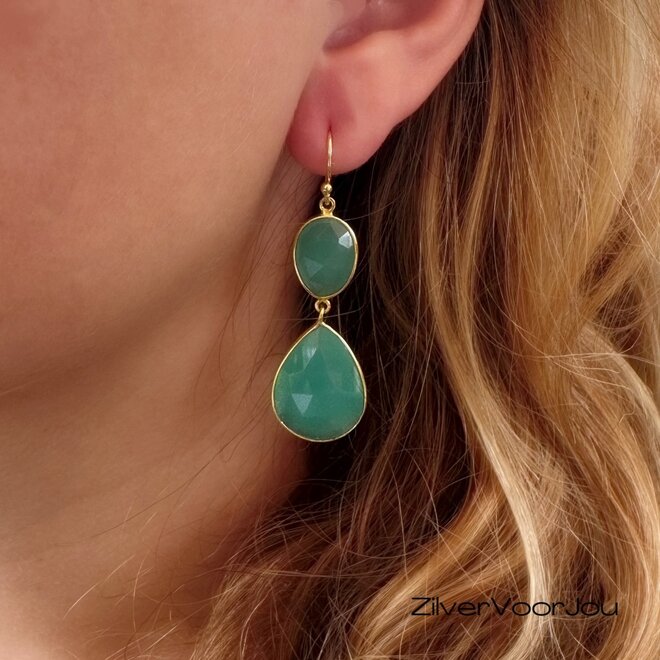 Elegante 925 zilveren gold plated oorhangers met aqua chalcedoon