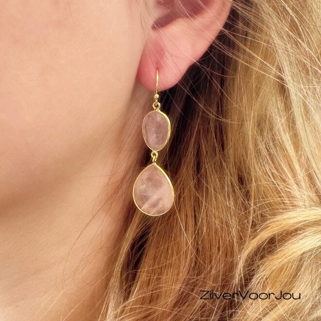 Elegante 925 zilveren gold plated oorhangers met rozenkwarts