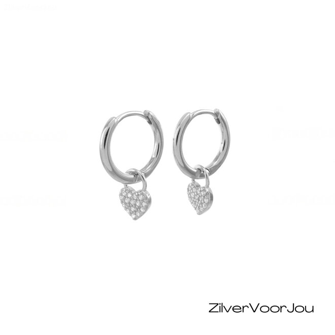 925 zilveren huggie oorringen met hartje met cubic zirkonia