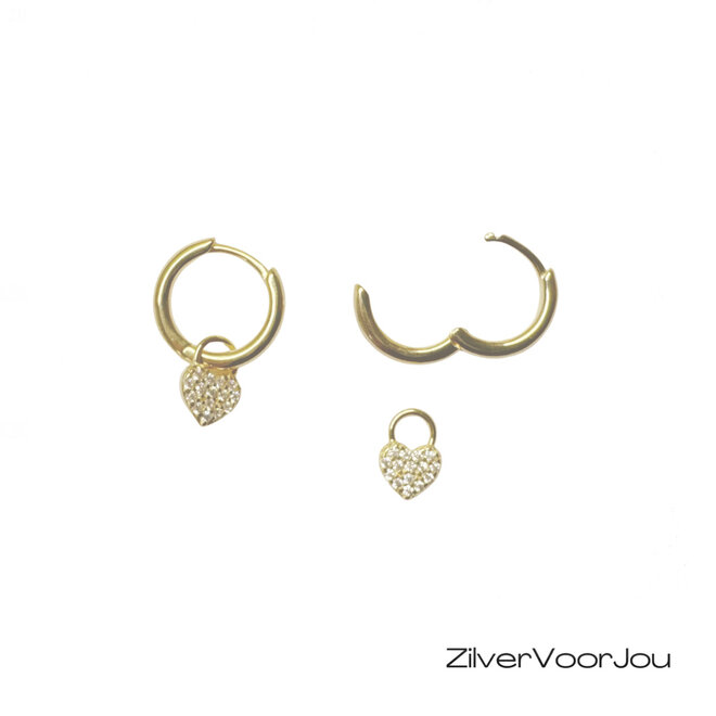 Gold plated 925 zilveren huggie oorringen met cubic zirkonia hartjes