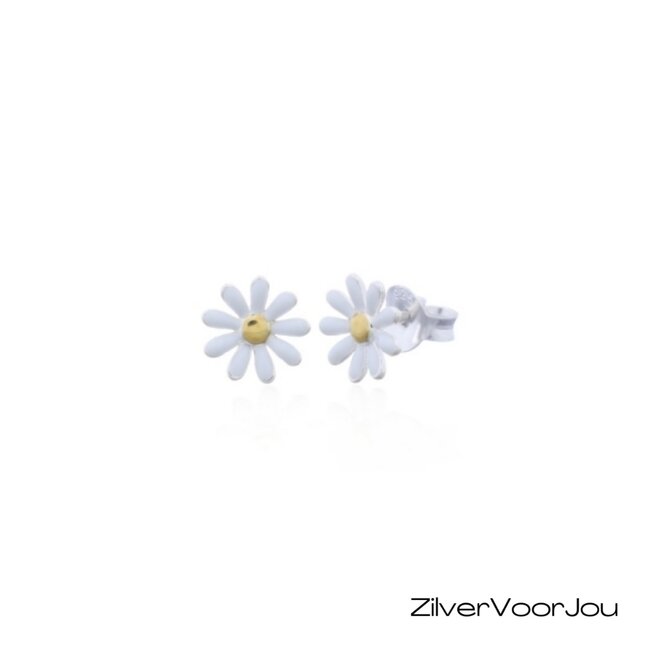 Zilveren margriet oorstekers met emaille 8 mm