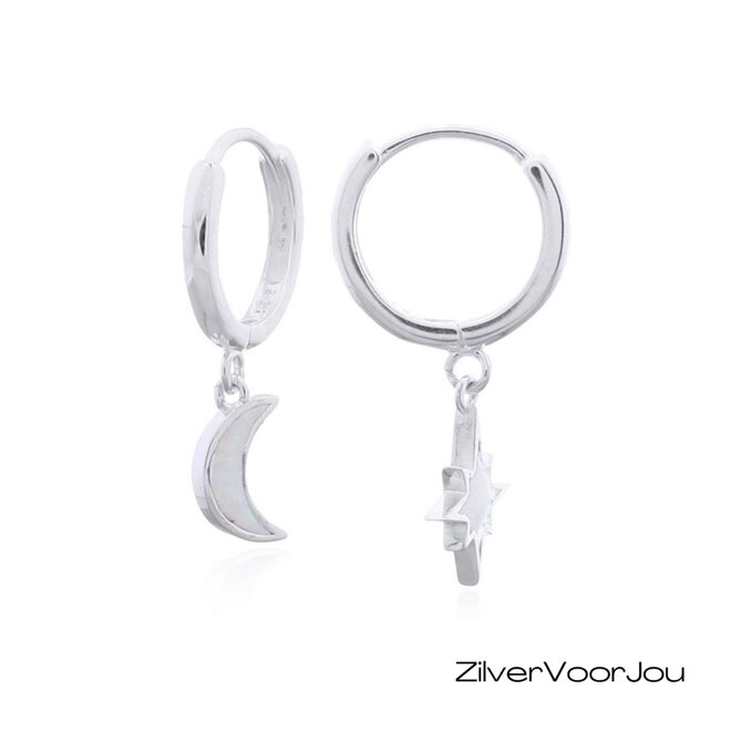 925 zilveren oorringen met maan- en sterbedels en witte opaal