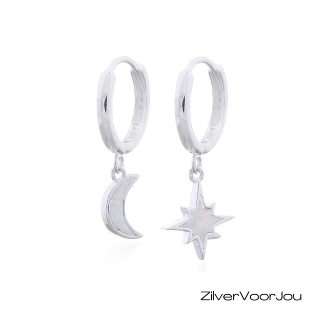 925 zilveren oorringen met maan- en sterbedels en witte opaal