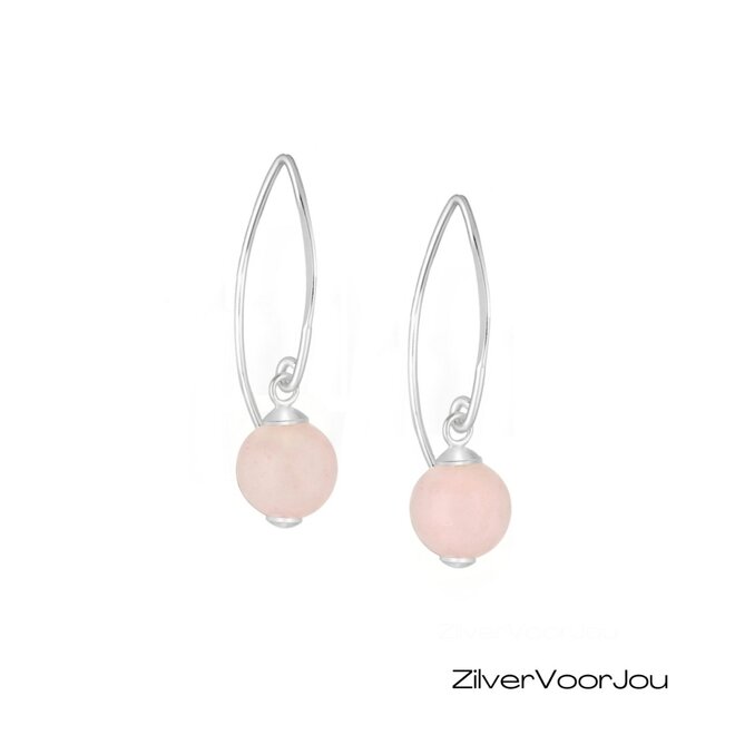 925 zilveren haak oorbellen met ronde rozenkwarts edelsteen van 8 mm