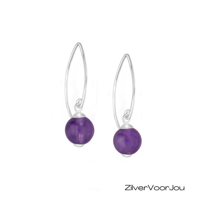 925 zilveren haak oorbellen met ronde amethist edelsteen van 8 mm