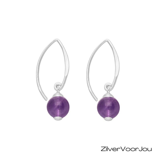 925 zilveren haak oorbellen met ronde amethist edelsteen van 8 mm