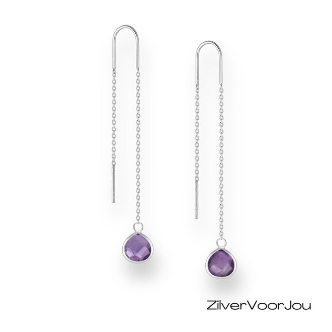 Stijlvolle 925 zilveren threader oorbellen met amethist druppelvormige edelsteen