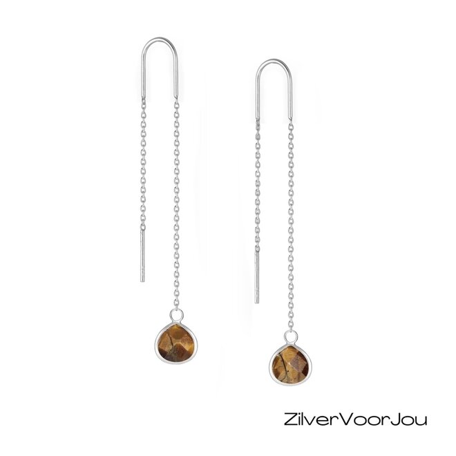 Zilveren threader oorbellen tijgeroog druppel