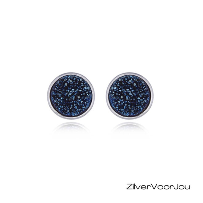 Zilveren druzy oorbellen blauw rond