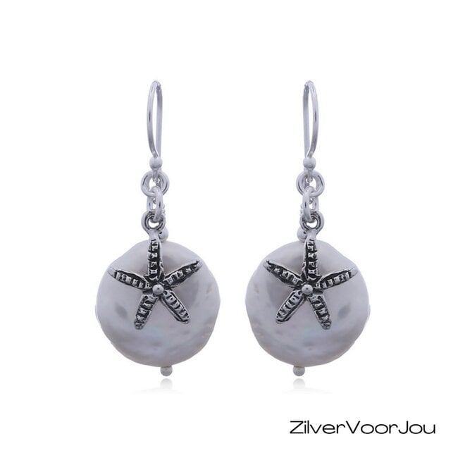 925 zilveren oorbellen met zoetwaterparel en zeesterbedel