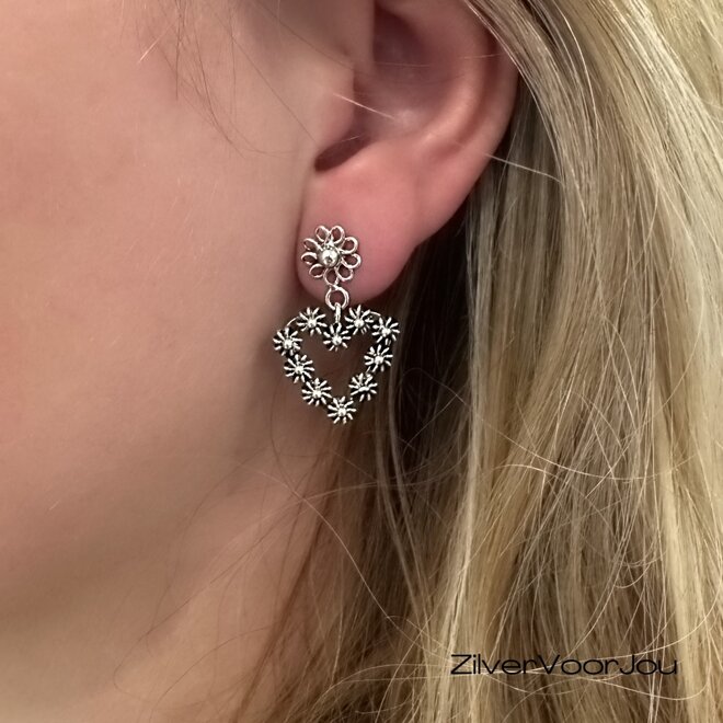 925 zilveren Pikul oorhangers met hartvormig bloemmotief
