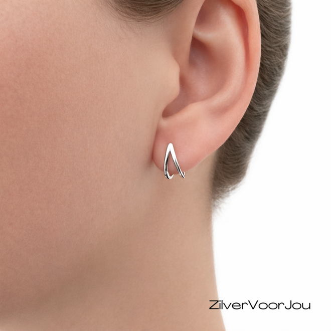 Zilveren dubbele oorstekers rhodium