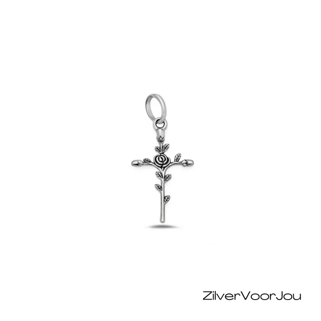 Zilveren kruis hanger met roos