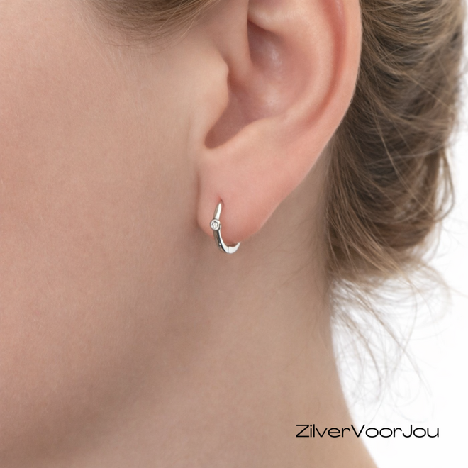 925 zilveren oorringen 12 mm met heldere zirkonia rhodium klapoorringen
