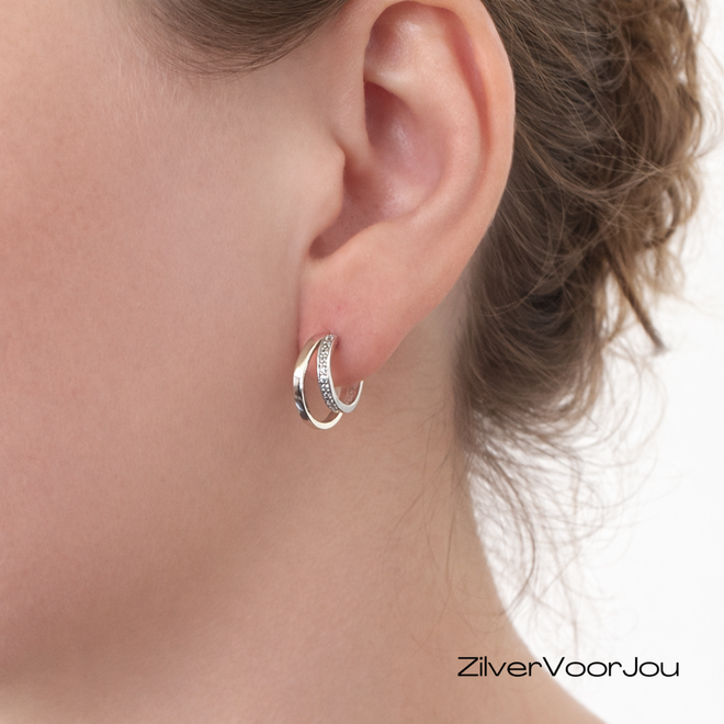 925 zilveren dubbele oorbellen met zirkonia moderne oorbel met twee ringen