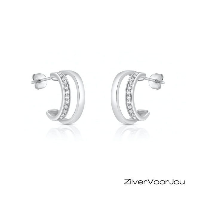 925 zilveren dubbele oorbellen met zirkonia moderne oorbel met twee ringen