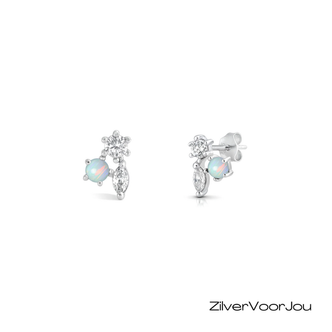 925 zilveren oorstekers met witte lab opaal en zirkonia cluster
