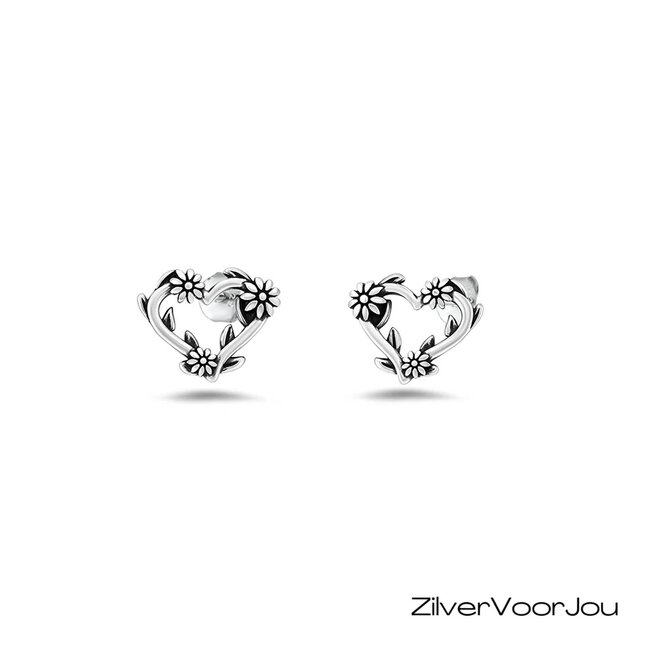 925 zilveren oorbellen hart met bloemen oxide