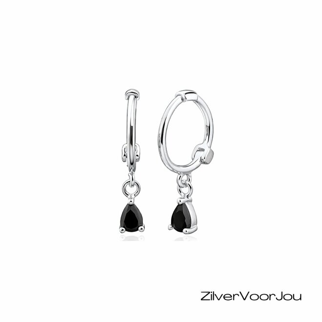 Zilveren mini huggie hoops black teardrop