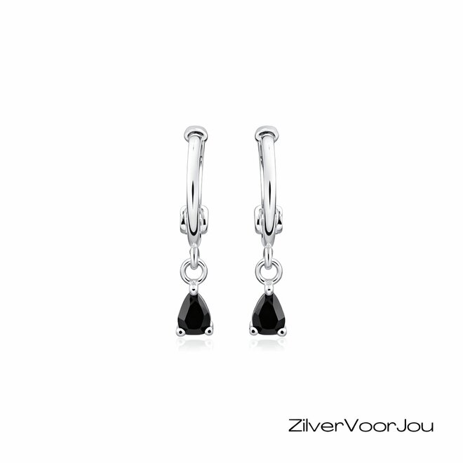 Zilveren mini huggie hoops black teardrop