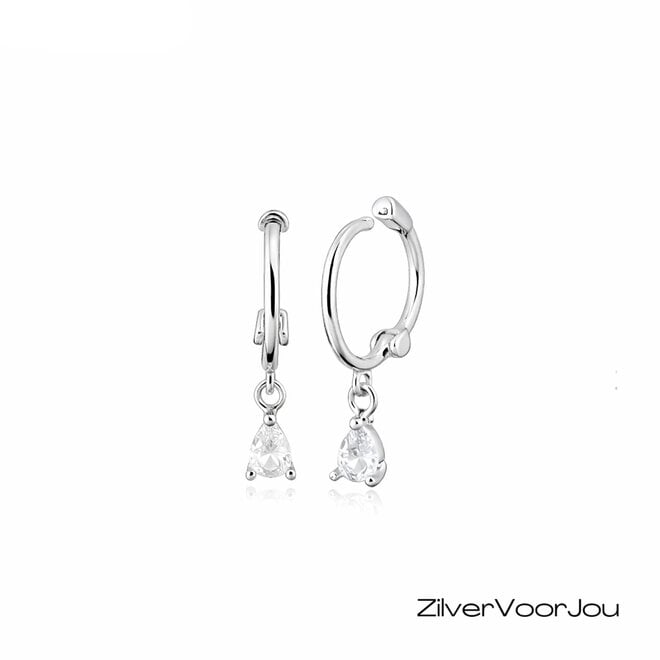 Zilveren mini huggie hoops witte druppel hanger