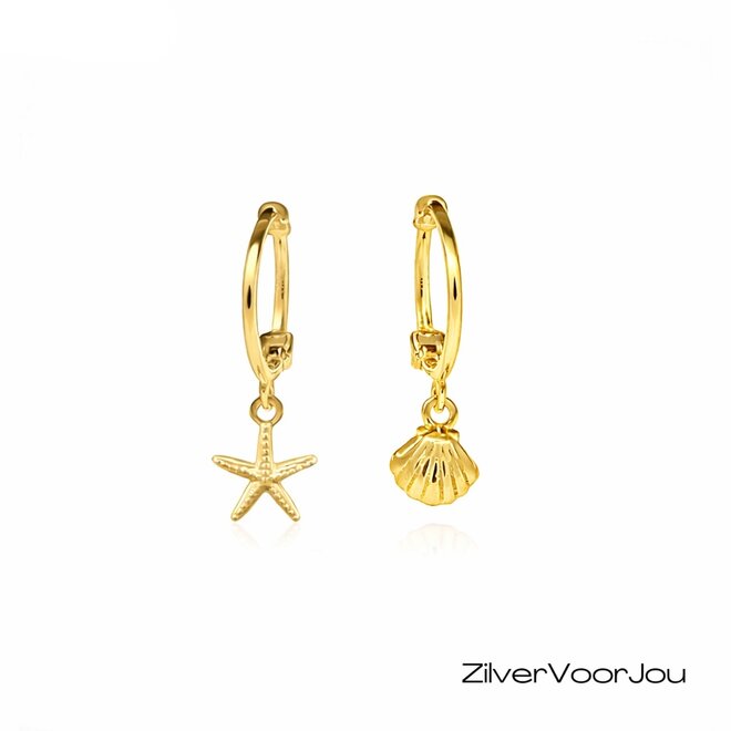 Gold plated 925 zilveren huggie hoops schelp en zeester gold plated