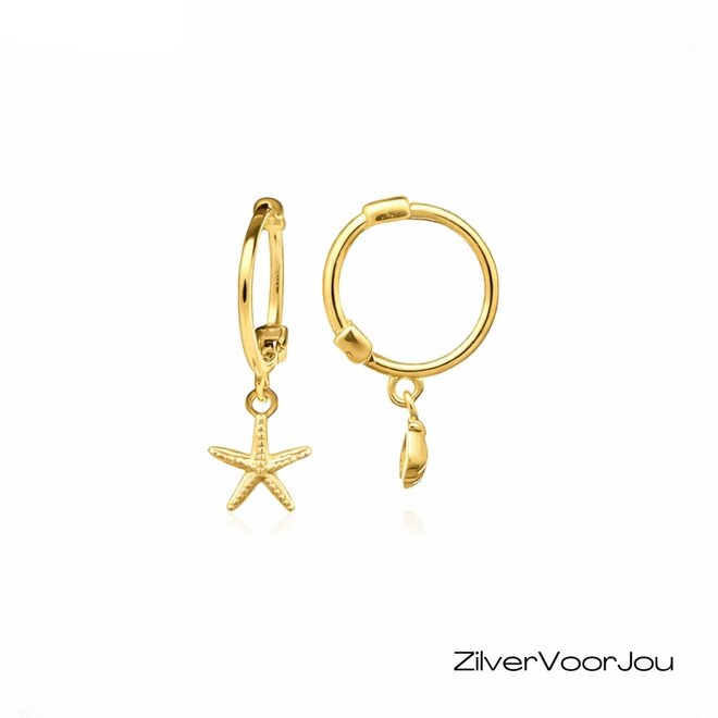 Gold plated 925 zilveren huggie hoops schelp en zeester gold plated