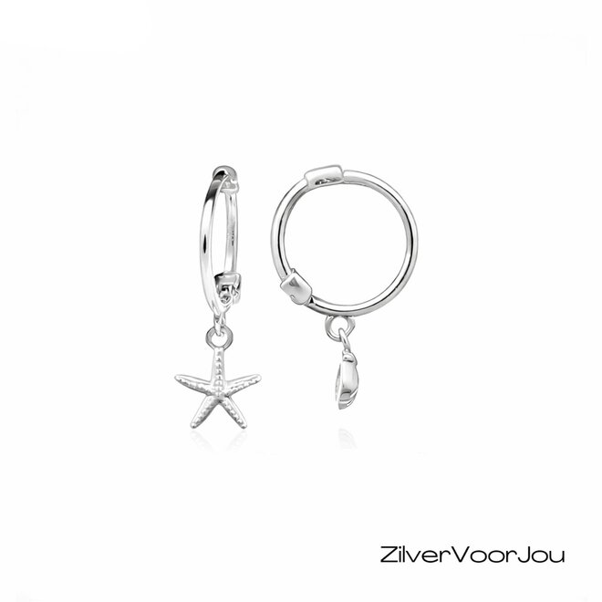 Zilveren huggie hoops schelp en zeester