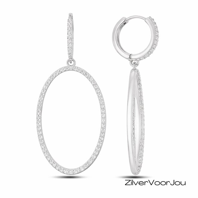 Zilveren ovale dangler witte zirkonia oorringen