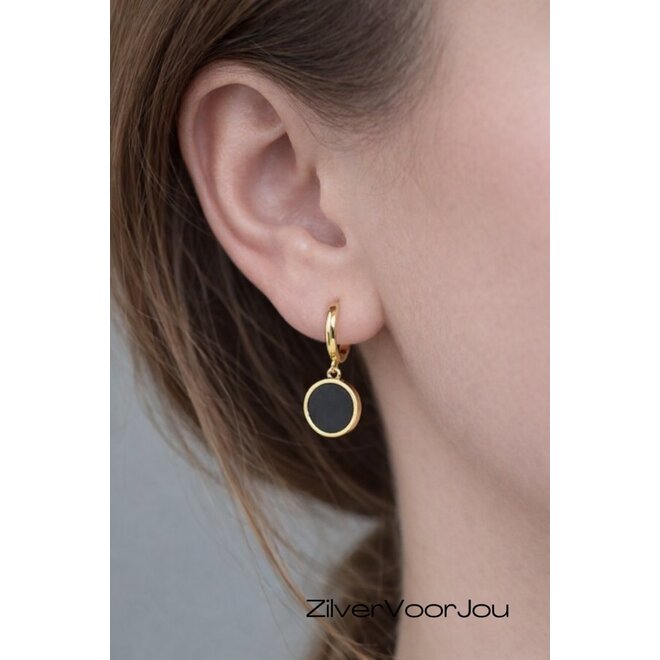 Gold plated 925 zilveren huggie hoop zwarte cirkel hanger