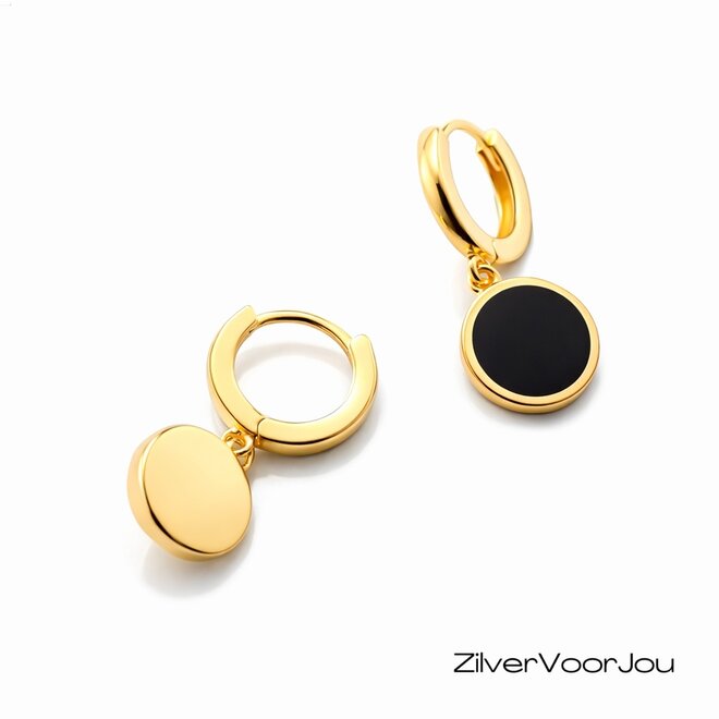 Gold plated 925 zilveren huggie hoop zwarte cirkel hanger