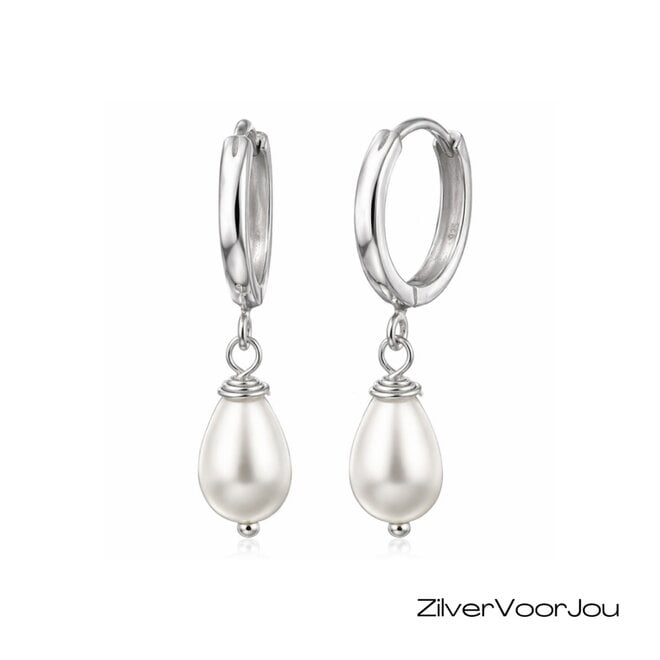 Zilveren parel huggie hoops