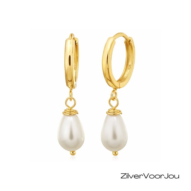 Zilveren Huggie oorringen met parel gold plated