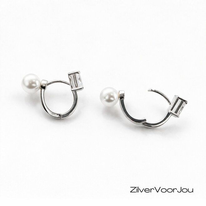 925 zilveren 2-in-1 click hoops met cubic zirconia en shell pearl