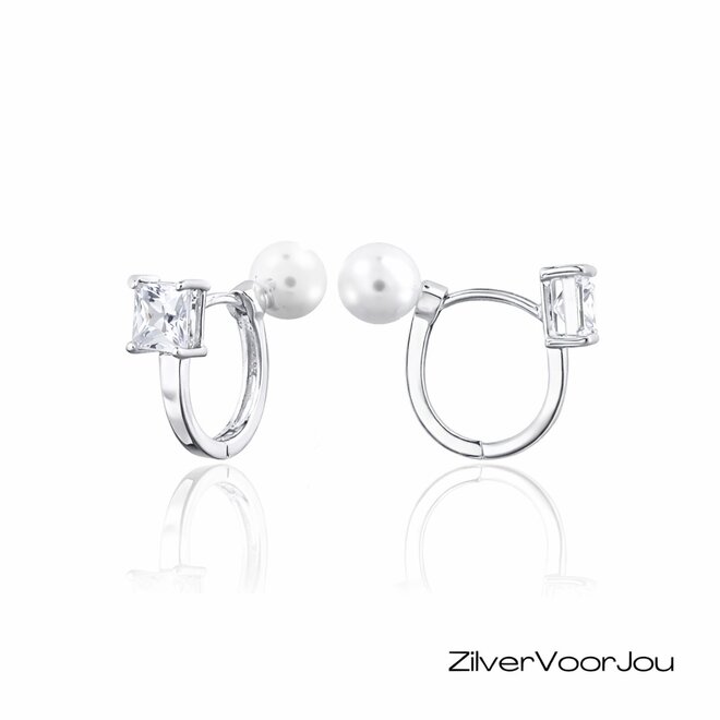 925 zilveren 2-in-1 click hoops met cubic zirconia en shell pearl