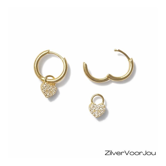 Gold plated 925 zilveren huggie oorringen met cubic zirkonia hartjes