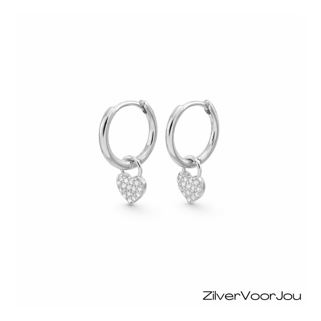 925 zilveren huggie oorringen met hartje met cubic zirkonia