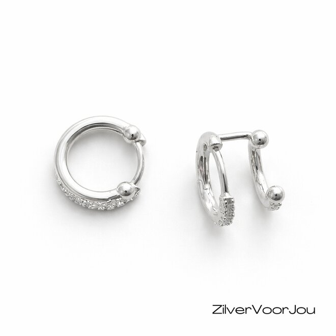 Zilveren dubbele oorring bezet met rij zirkonia