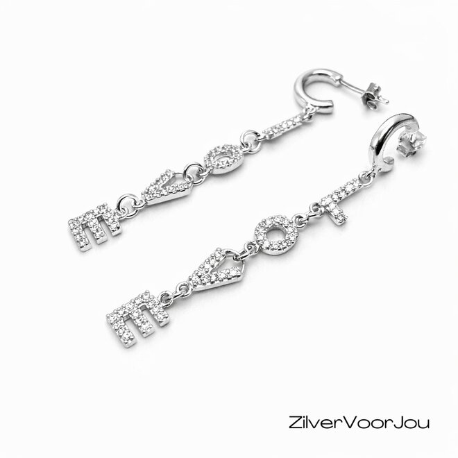 Zilveren LOVE steker oorringen witte cz