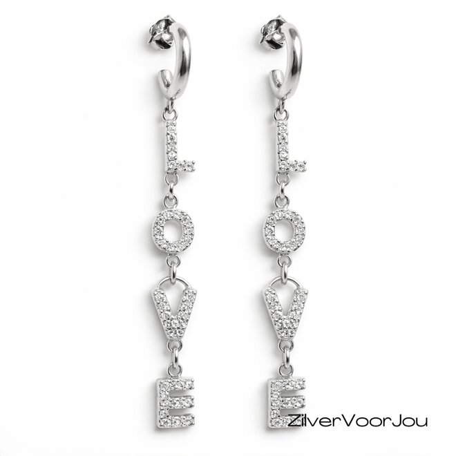 Zilveren LOVE steker oorringen witte cz