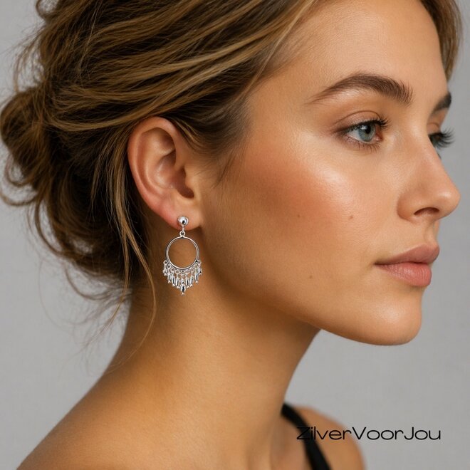 Zilveren bohemian oorhangers studs