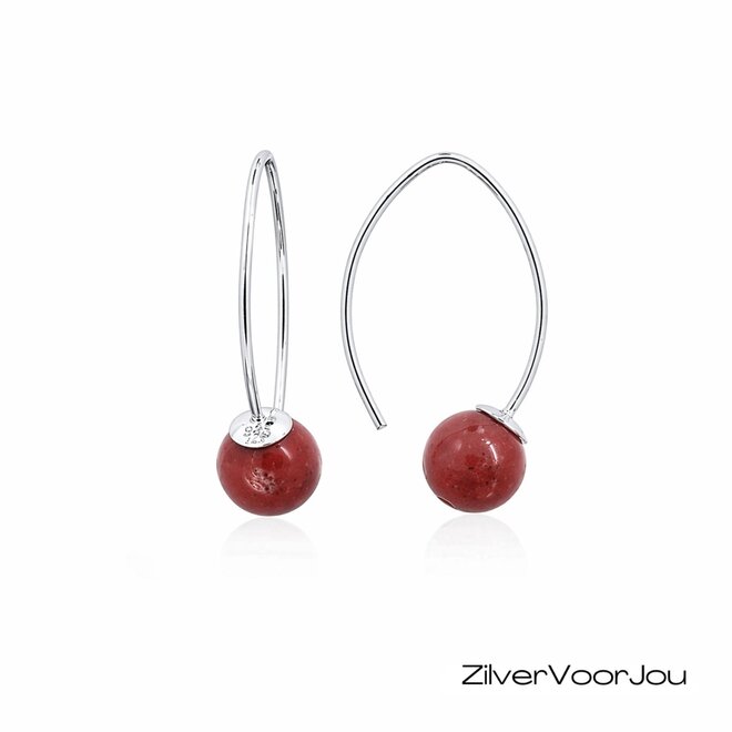 925 zilveren oorbellen met rode koraal bol van 8 mm
