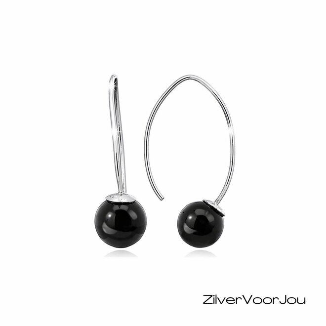 Zilveren haak oorbellen zwart agaat bal