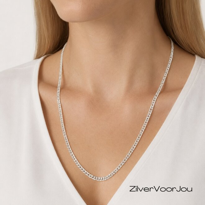 Zilveren 55 cm rombo dubbele schakel ketting 4 mm breed