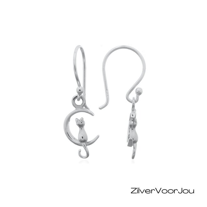Kleine 925 zilveren oorhangers met poes in open maan