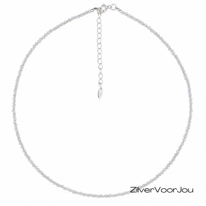 Zilveren choker ketting maansteen met 2 mm zilveren spacer balletjes