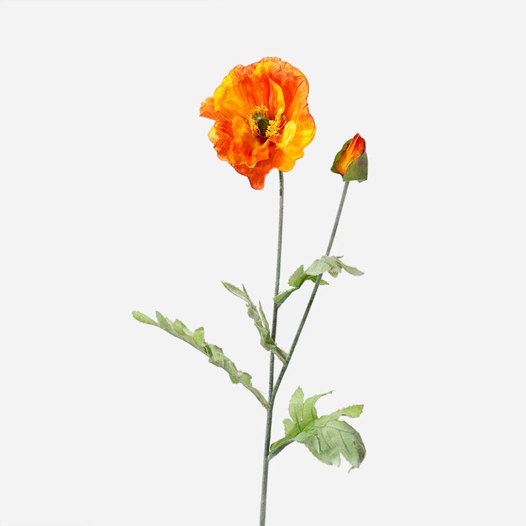 Kunststeel Papaver met oranje zijden bloem en groene bladeren is een kunststeel met een natuurgetrouwe uitstraling en een lengte van 70 cm.